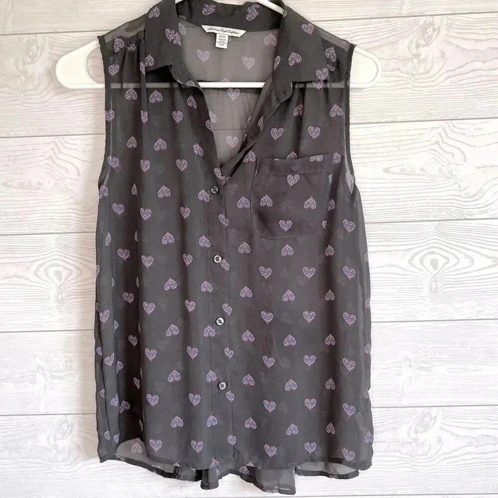 American Eagle Outfitters gray sheer button down sleeveless blouse Size XS